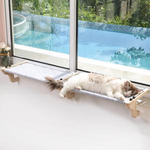Zakkart 2PC Easy Seat Cat Perch for Window Sill - Hammock Design w/Pine Wood & Robust Metal Frame - Cat Window Seat for Large Cats and Kittens (Natural Color Wood w/Gray Bed, Large (26''W x 14''D)