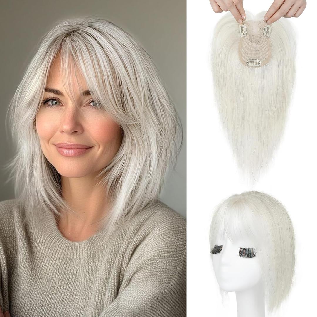 SEIKEA Hair Toppers for Women Real Human Hair, 10" Fluffy Natural Realistic 7x11CM Base Clip in Bangs with Wispy Bangs Hand-Tied Invisible Hairpieces for Thinning Hair Silver White