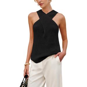 Yeokou Women Halter Cross Over Collar Tank Knit Sleeveless Top Solid Color Casual Summer Blouse (Large, Black)