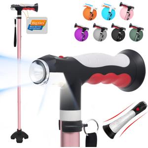 BigAlex Folding Walking Cane with Two Led Lights for Elderly Solid Base Adjustable Walking Stick with Carrying Bag for Men Women (Pink)