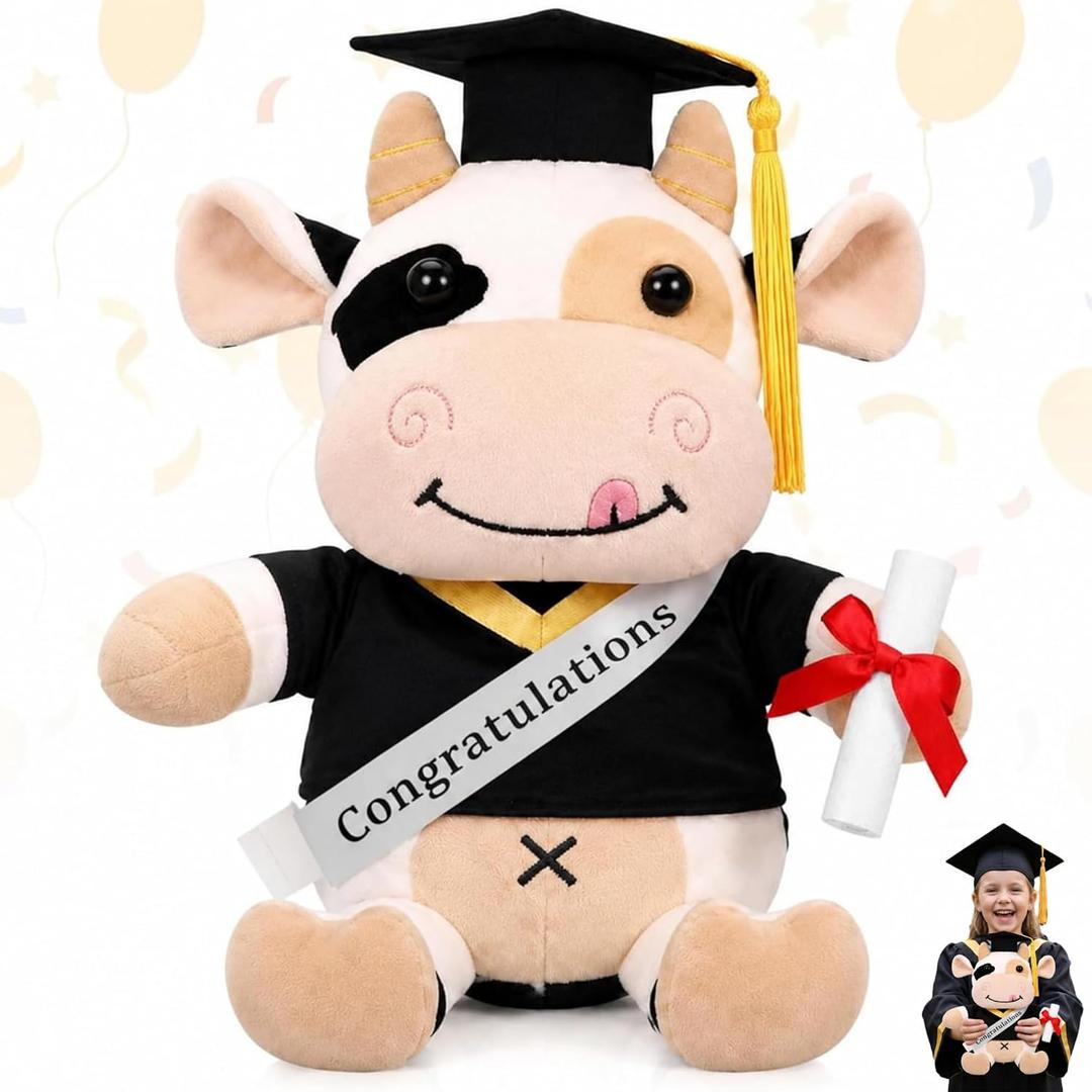 Hollowfly 2026 Graduation Cow Plush Toy Adorable Cow Stuffed Animal Graduation Gift Party Decoration for Man Women Girls Boys Kindergarten High School College Congratulatory Party Gifts