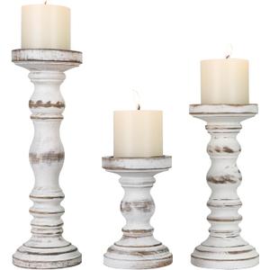 Candle Holder for Pillar Candle Set of 3, Farmhouse Wood Candle Holder, Rustic Wooden Candle Stand, Vintage Tall Candle Stand Decorative for Living Room, Table Centerpiece (Antique White)