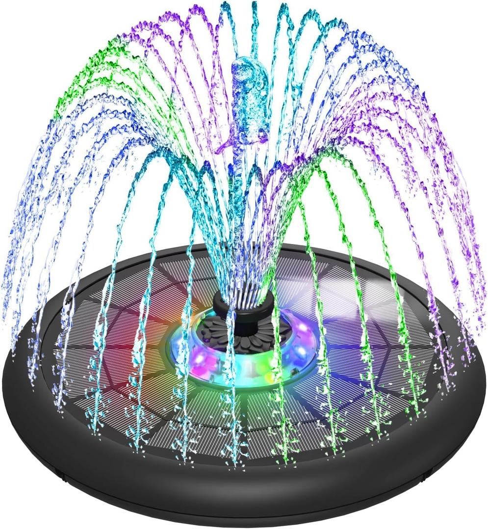 SZMP Solar Fountain Upgraded UFO Colorful Lights, 5W Solar Water Fountain Pump with 7 Nozzles & 4 Fixers, for Bird Bath, Garden, Pool, Outdoor Decor (Multicolor) (Black)