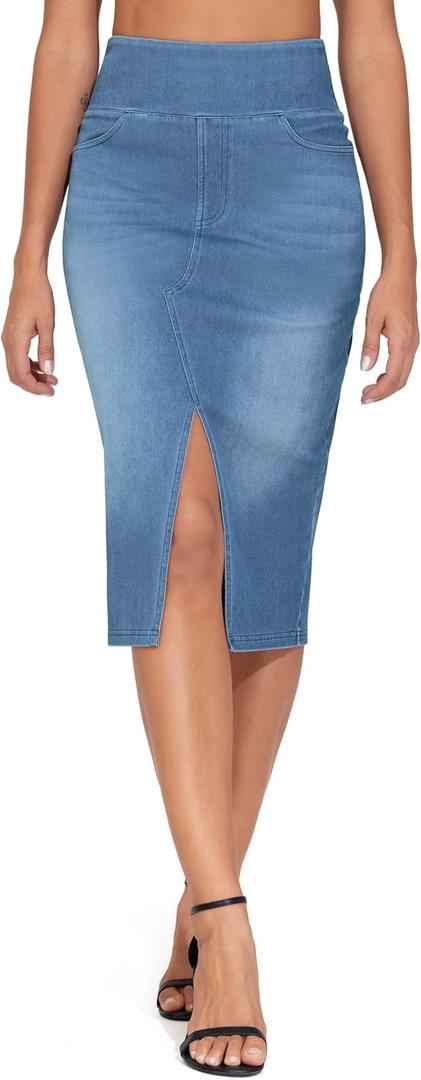 THE GYM PEOPLE Women's High Waisted Stretchy Jean Skirts Front Slit Midi Denim Skirt with Pockets (X-Large)