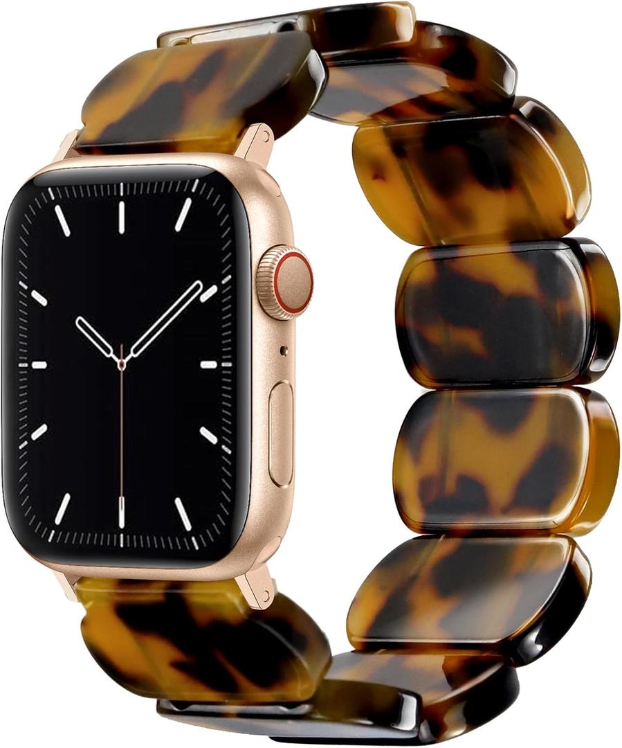 Resin Stretchy Watch Bands Women Compatible with Apple Watch 38mm 40mm 41mm 42mm (S10) Tortoise Light Bracelet Beaded Elastic Strap for iWatch Series10/9/8/7/6/5/4/3/2/1/SE/Ultra (S)