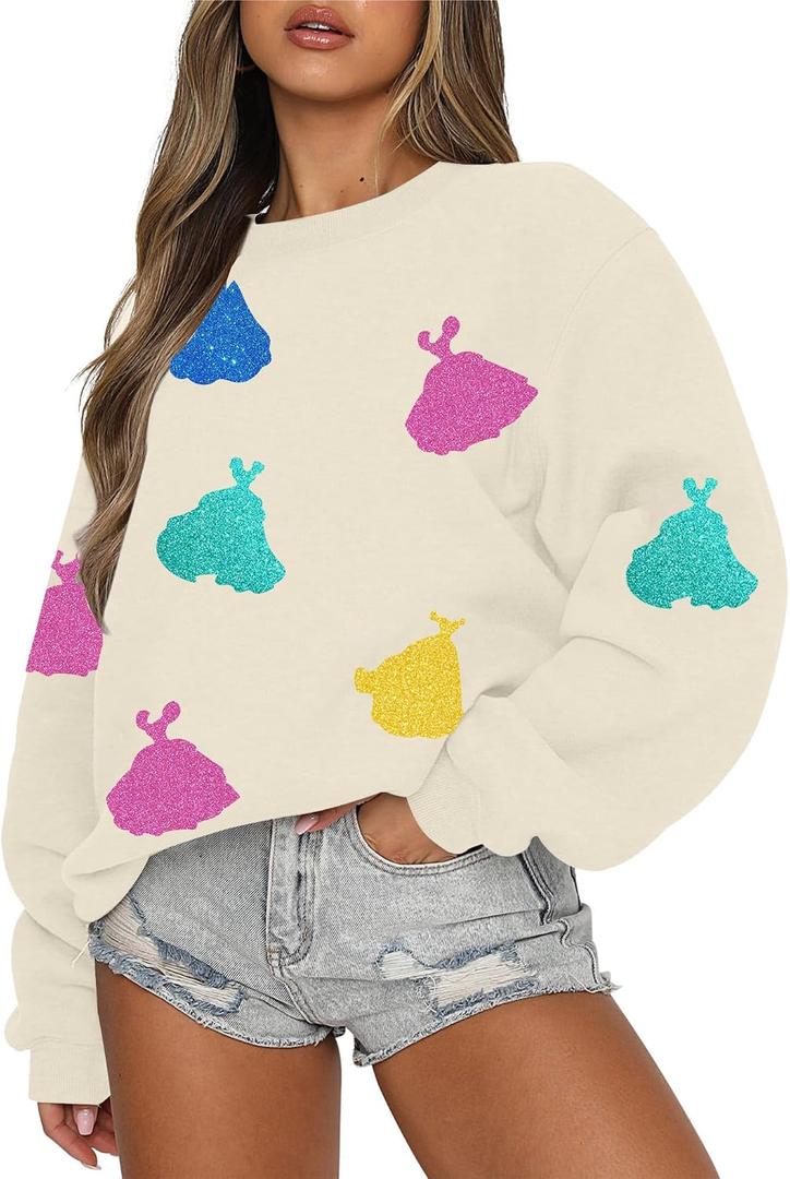 UNIQUEONE Oversized Sequins Bow Sweatshirt - Women Magic Kingdom Sweater Pastel Graphic Coquette Tee Holiday Pullover (Beige, XL)