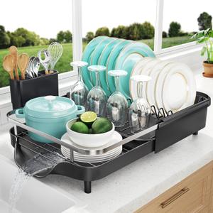 Dish Drying Rack, Extendable Dish Rack for Kitchen Counter, Saving Countertop Space Dish Drainer, Stainless Steel Kitchen Drying Rack with Cutlery Holder, 22.1''L x 12.8''W, Black