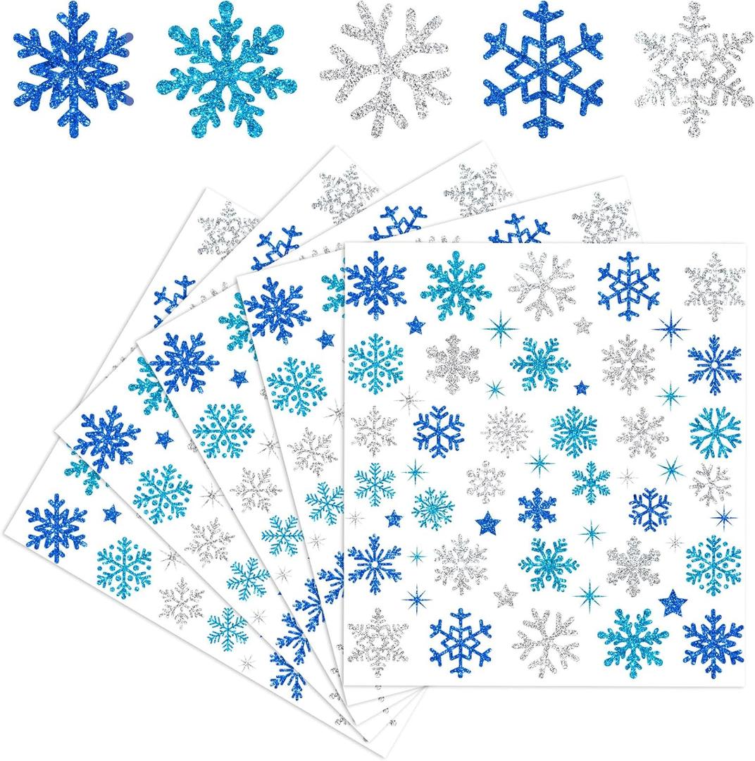 Whaline 330Pcs Winter Glitter Stickers 3 Colors Snowflake Decals Christmas Self Adhesive Stickers for DIY Crafts Home Party Greeting Cards Making Scrapbooking Decor, 10 Sheets (Blue Sliver)