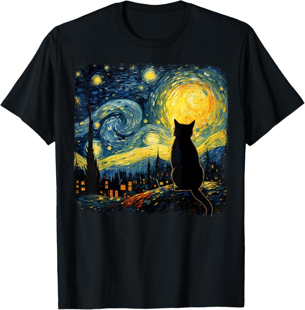 Cat Starry Night Van Gogh Cat For Cat Lover Cat Mom Cat Dad T-Shirt (Small, Black)