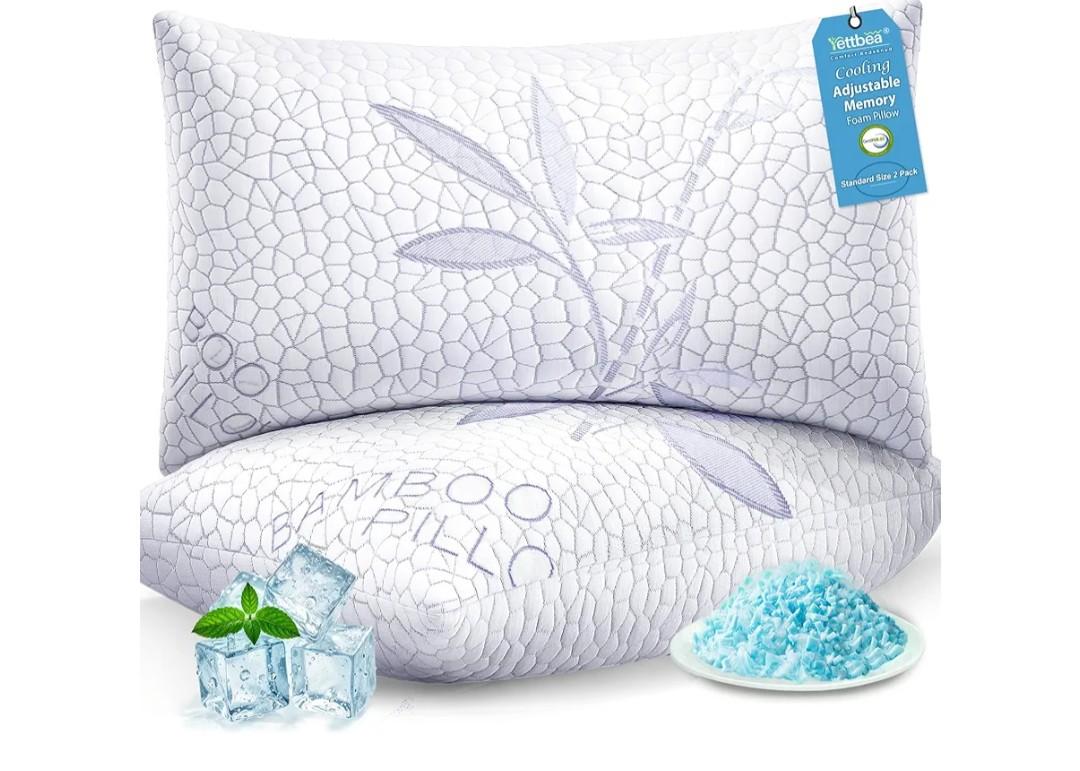 Yettbea Shredded Memory Foam Cooling Pillows Standard Size Set of 2, Supportive Firm Bamboo Bed Pillows, Adjustable Pillow with Zippered Cover for Hot, Side, Back, Stomach, Sleeper