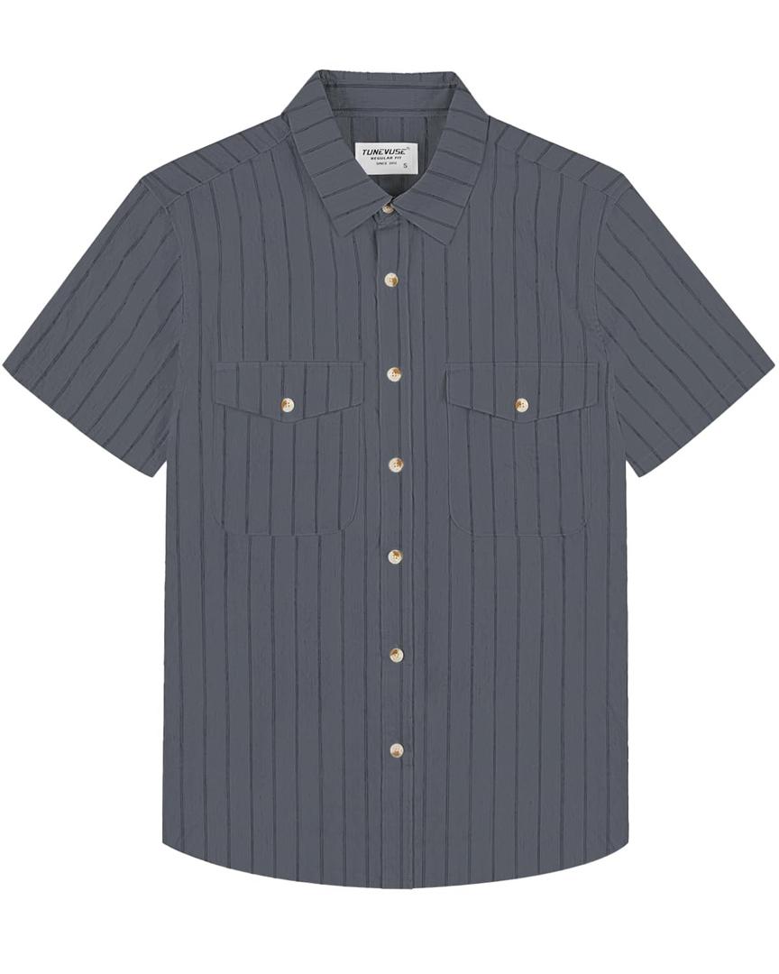 TUNEVUSE Linen Shirts for Men Summer Button Down Shirt Casual Short Sleeve Striped Beach Shirt with Pockets Navy Large (Gray, L)
