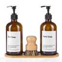 SIDIQI Design Glass Soap Dispenser Set of 2 with Plastic Pumps, Bamboo Tray, Brush & Labels - Ideal for Bathroom & Kitchen Countertop - 500ml/17 Oz