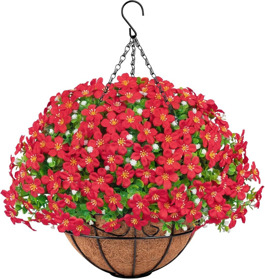 Artificial Hanging Plants Flowers with Basket for Spring Summer Outdoor Decoration, Fake Flowers UV Resistant with Hanging Planter for Front Porch Patio Garden Yard Home Decor, Red