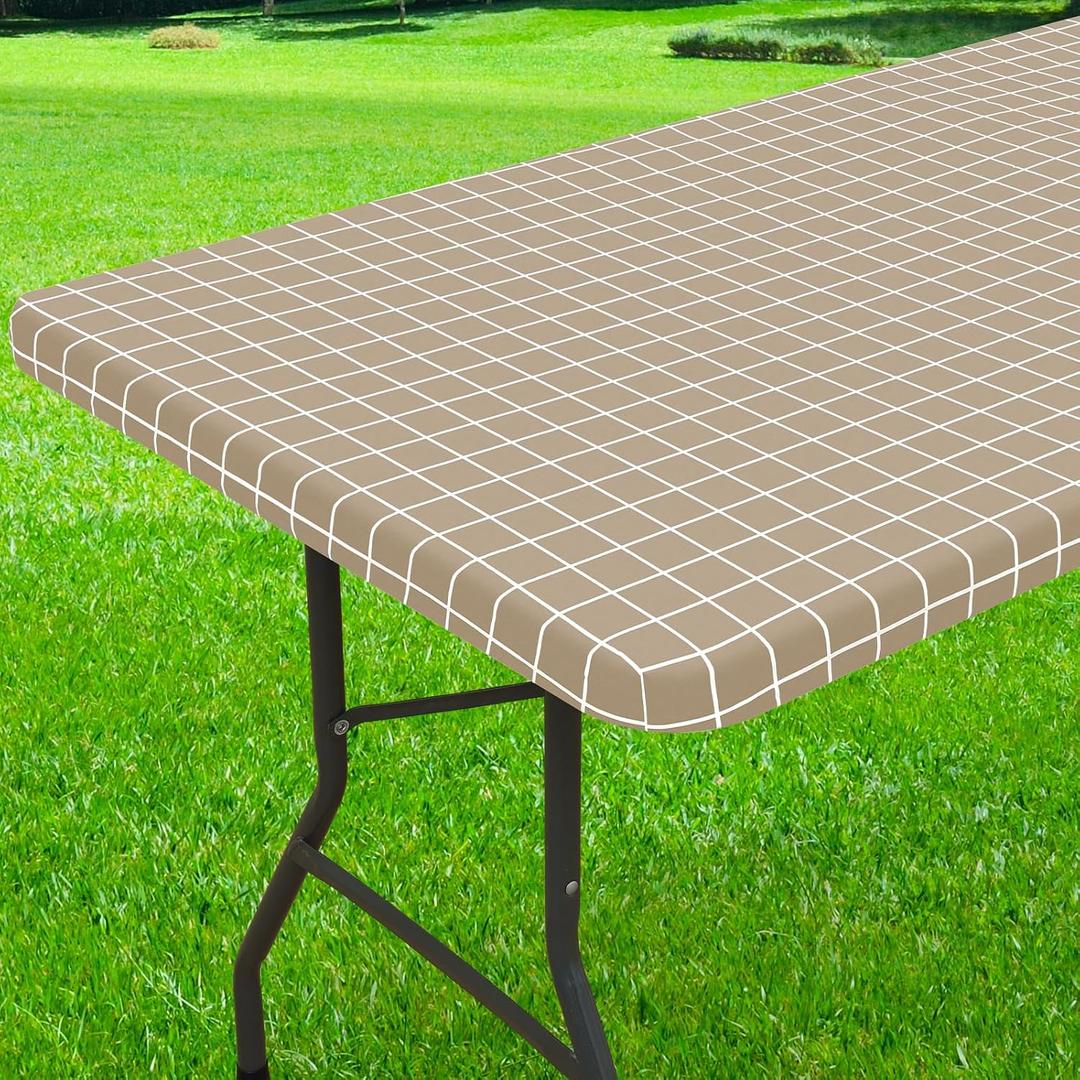 Rectangle Vinyl Table Cloth 30x72, Waterproof Elastic Fitted Tablecloth with Flannel Backing, Plastic Table Cover for Picnic, Camping, Outdoor, Khaki