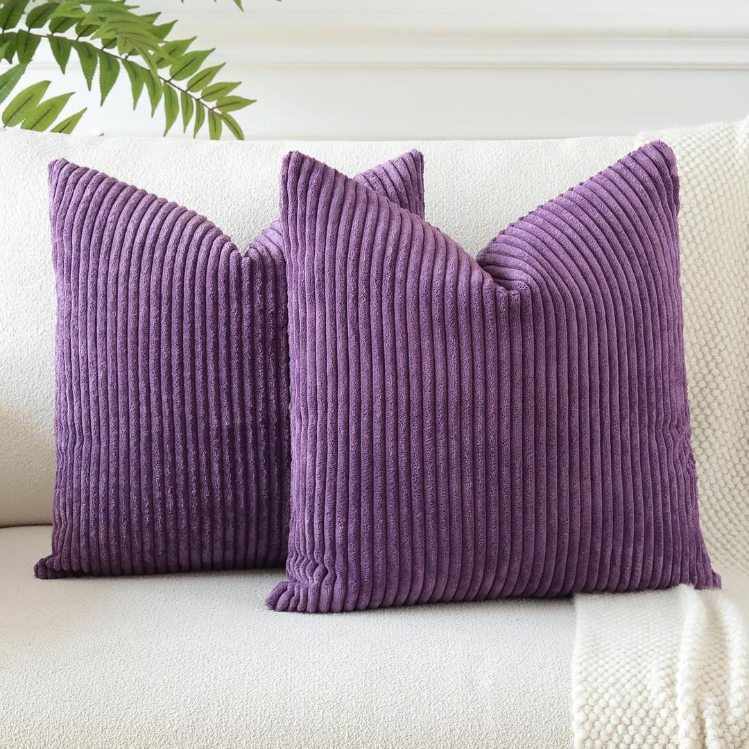 OTOSTAR Pack of 2 Throw Pillow Covers 18 x 18 Inch Soft Corduroy Decorative Square Solid Striped Cushion Case Couch Farmhouse Home Boho Decor Throw Pillows for Sofa Bed Living Room (Eggplant Purple)