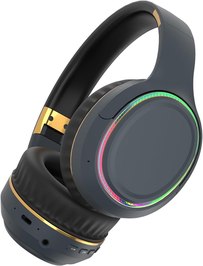 Bluetooth Headphones with RGB Lights, Foldable Wireless Over-Ear Headphones with Hidden Mic for Cell Phone, PC, Laptop, Suitable for Music, School, Workouts, and Gaming (Blue)