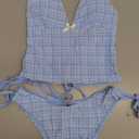Vintage Gingham Halter Tank Top & Cinched Tie Side Tankini Set (Small, Light Blue)