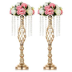 NUPTIO 2 Pcs Crystal Flower Stand Wedding Centerpieces for Tables, 21.7in/ 55cm Tall Elegant Metal Flower Arrangement Stand, Tabletop Metal Flower Vase for Wedding Party Dinner Event Hotel Home Decor