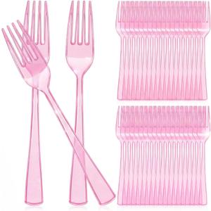 Minatee 50 Pcs Plastic Forks Disposable Cutlery Heavy Duty Dinnerware Plastic Silverware Flatware for Parties Supplies Dessert Picnics Holiday House(Pink)
