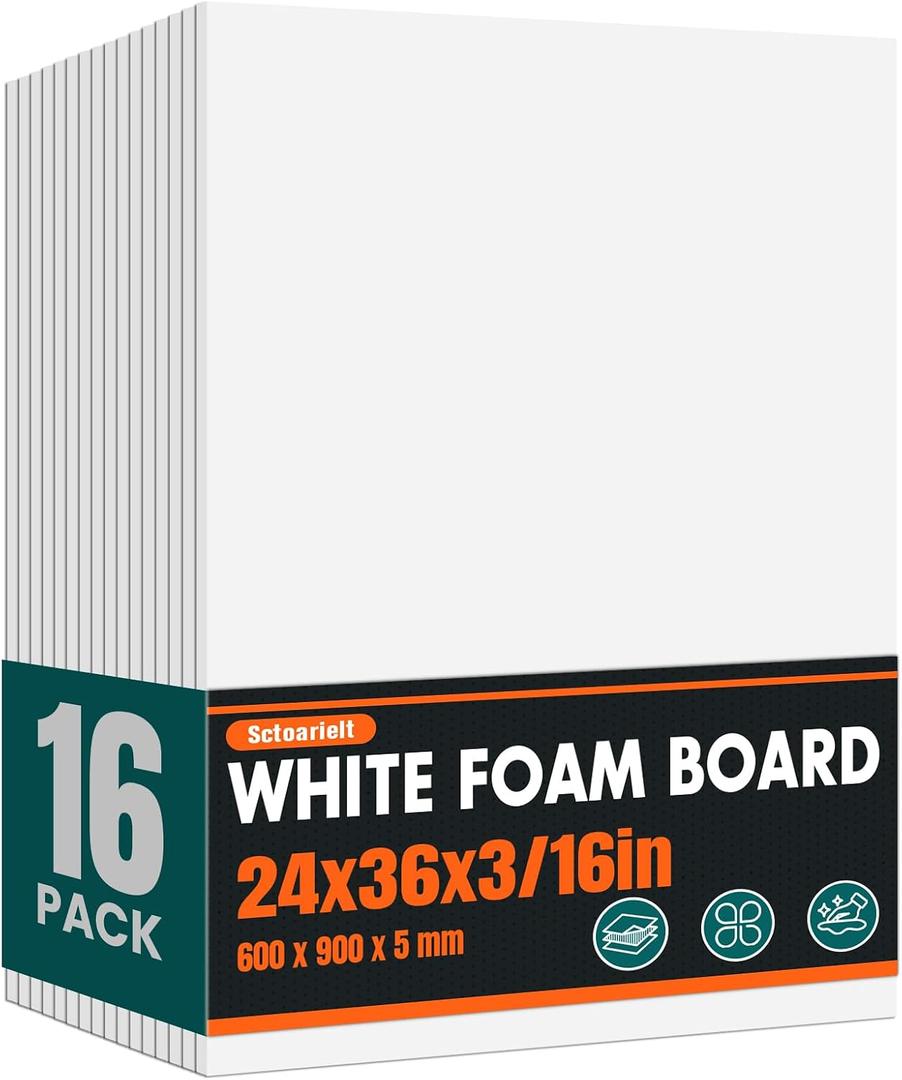 16 Pack White Foam Board for Art Craft, 24 x 36 x 3/16" Thick