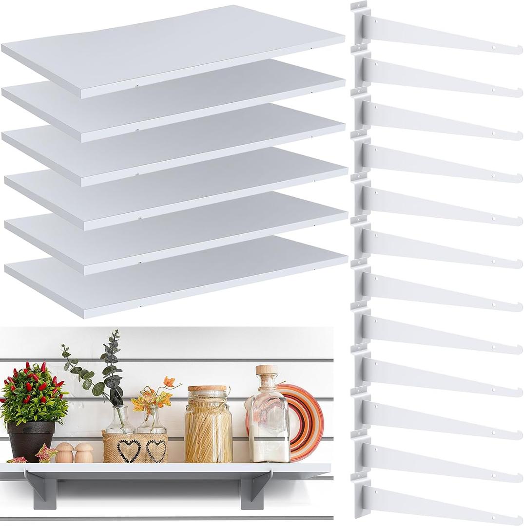 White Slatwall Shelf, 24" x 12" Wooden Slat Wall Shelves with Metal Brackets Heavy Duty Slatwall Shelving Organizer Accessories for Home Garage (6, 23.6" x 11.8")