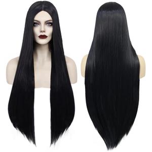 ANOGOL Hair Cap+Long Black Wig Middle Part Witch Vampire Cosplay Goth Costume Long Straight Black Cosplay Wig 93 cm/ 36 Inch Black Wigs with Bangs for Women Movie Character Outfit for Halloween Party