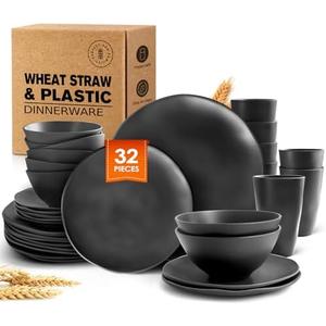 Teivio 32-Piece Kitchen Plastic Wheat Straw Dinnerware Set, Service for 8, Dinner Plates, Dessert Plate, Cereal Bowls, Cups, Unbreakable Colorful Plastic Outdoor Camping Dishes, Black Matte