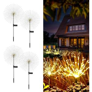 Solar Fireworks Lights for Outside, 150LED 8 Modes Fireworks Solar Lights Outdoor, Fairy Garden Flowers Lights for Yard Pathway Wedding Party Christmas Diwali Garden Decor 4Pack (Warm White)