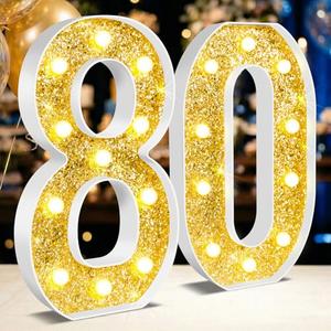 NANXU 12.6 Inch LED Gold Marquee Light Up Numbers, 80th Birthday Decorations Number Lights as Gifts for Women Men, Glitter Lighted Marquee Numbers for Golden Anniversary Party Table Decor, 80