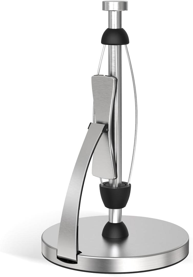 VEHHE Paper Towel Holder Countertop, Black Paper Towel Holder with Spring Activated Arm and Damping Effect, Simply Tear Paper Towel Stand for Bathroom and Kitchen (Silver) (Silver-suction Base)