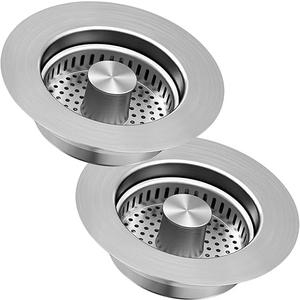 3-in-1 Kitchen Sink Drain Strainer & Stopper, Stainless Steel Food Catcher Plug with Filter Basket, Fits 3-1/2 Inch Drain Hole, Universal Sink Protector Cover, Anti-Clogging, Silver - 1Pack