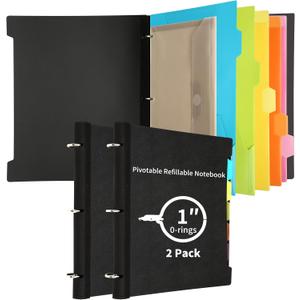 2 Pcs Pivotable Refillable Notebook, 3 Ring Binder Notebooks 1 Inch, Notebook with Dividers and Pockets, Folder Notebook, Flexible Binder, Soft Binders 3 Ring, Foldable Binder- Black