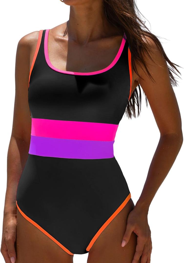 popvil One Piece Swimsuit Tummy Control Womens Bathing Suits Modest Curvy Neon Sexy Sport Swimwear, Large, Black Purple