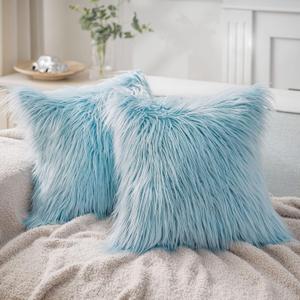 Phantoscope Pack of 2 Faux Fur Solid Throw Decorative Pillow Cover Cushion Covers Luxury Soft Decorative Pillowcase Fuzzy Pillow Covers for Bed/Couch,Light Blue 20 x 20 Inches