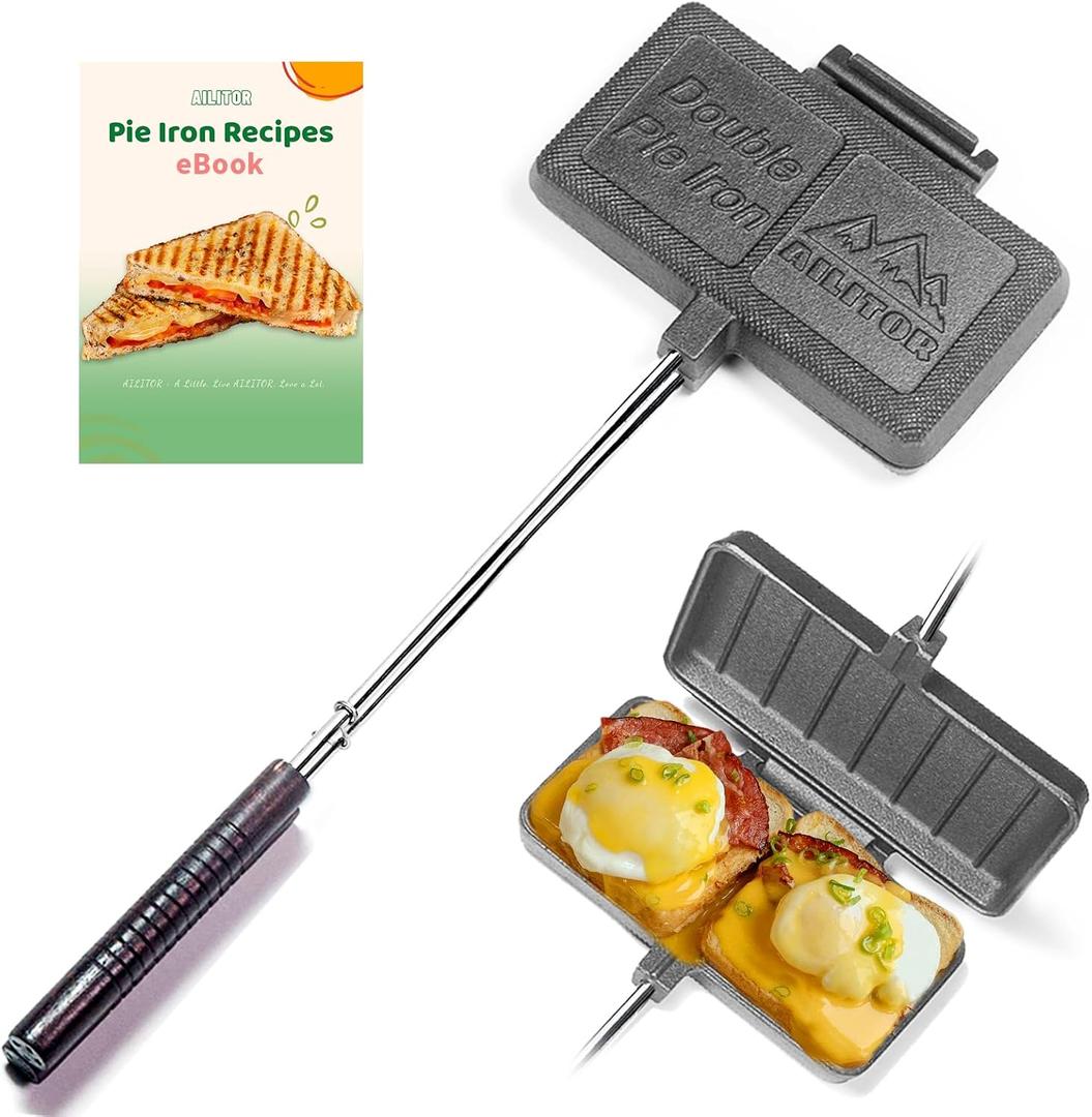 AILITOR Double Pie Iron Sandwich Maker for Camping, Cast Iron Campfire Pie Cooker, Campfire Cooking Equipment Mountain Pie Maker, 26 x 8 x 1.6 inches