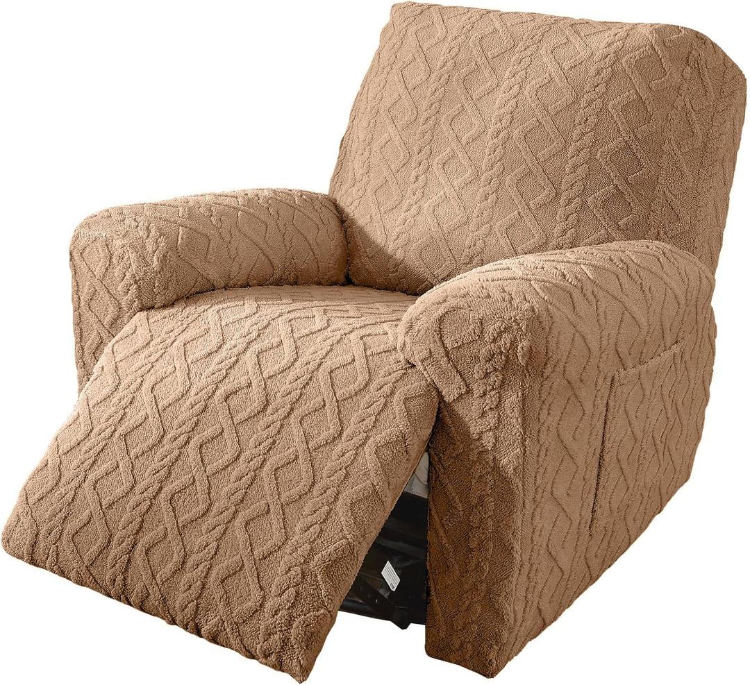 vctops 4 Pieces Geometric Jacquard Plush Recliner Slipcovers Soft Fuzzy Fluffy Sofa Couch Cover Anti-Slip Furniture Protector with Elastic Bottom for Kids Cats Dogs(Brown,1 Seat)