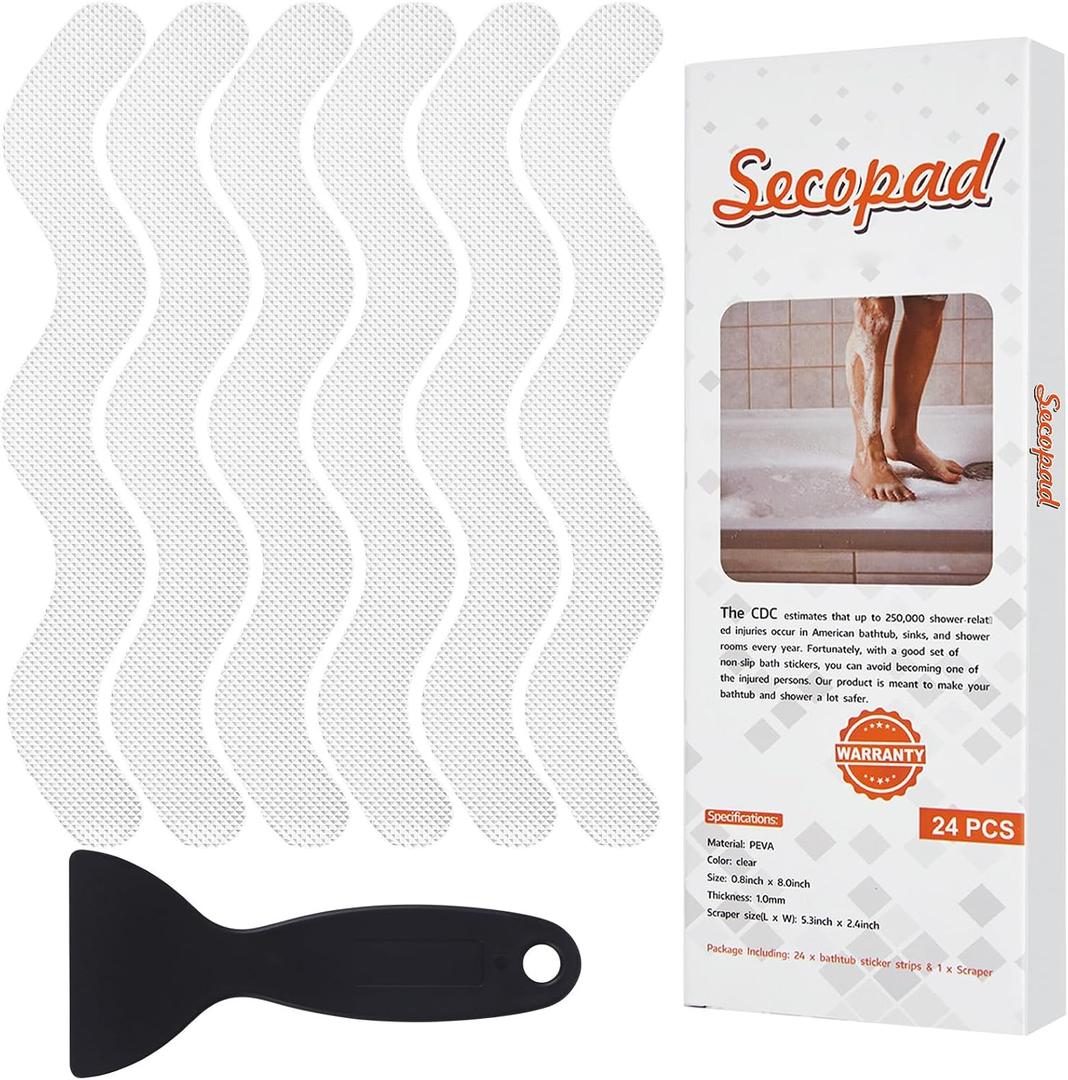 Secopad 24PCS Anti-Slip Shower Stickers with Scraper, 0.8"*8", Clear, 0.8in x 8in