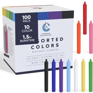 Candle Charisma 100 Multi-Colored Spell Candles - 4" Unscented Paraffin Chime Candles, Smokeless & Dripless, Colored Candles, 1.5 Hours Burn Time 0.4" Thick Taper Candles for Parties
