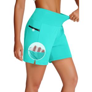 MIVEI Women's 7" Long Swim Board Shorts with Zipper Pockets High Waisted Quick Dry Beach Swimming Swim Suit Bottom with Liner Lake Green (XXXL)