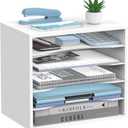 5-Tier Wood Desk Organizer, Paper Tray Organizer for Desk with Adjustable Storage Shelves, Desktop File Organization Paper Sorter Mail Holder for Office Home Classroom, White