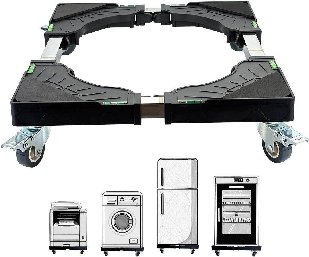 Adjustable Fridge Stand with Wheels 16-25 Inch Heavy Duty Laundry Pedestal, 4 Locking Anti - Shock Casters, Thickened Universal Base for Refrigerator Washer Dryer Easy Assembly PP & Steel (4-Movable-With Brake, Black)