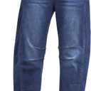 Utyful Barrel Jeans Women Cropped Baggy Trendy High Waisted Distressed Loose Stretch Denim Trouser Jeans with Pockets (Large, Classic Blue)