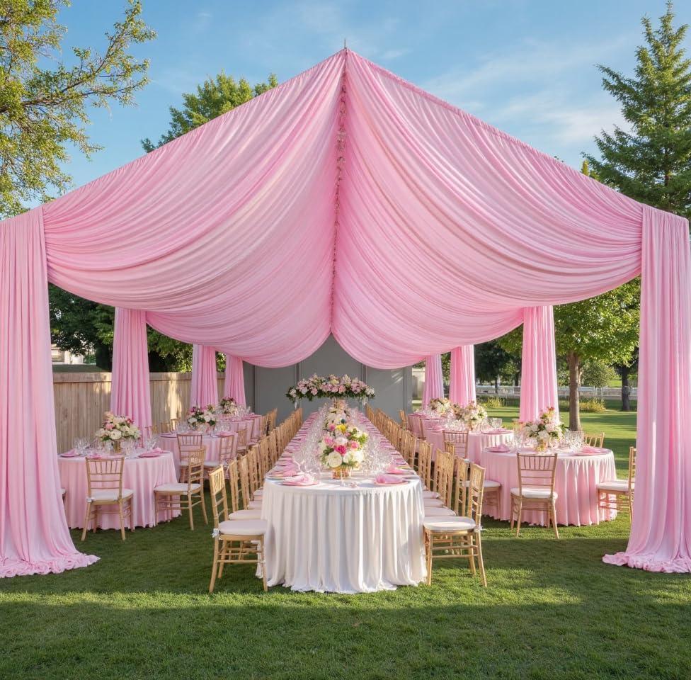 PartyVillage 10ftx40ft Baby Pink Ceiling Curtain for Wedding Parties  2 Panels Wrinkle-Free 40 FT Long Tent Draping Curtains for Wedding, Birthday & Theme Parties, 40ft Height with Rod Pocket