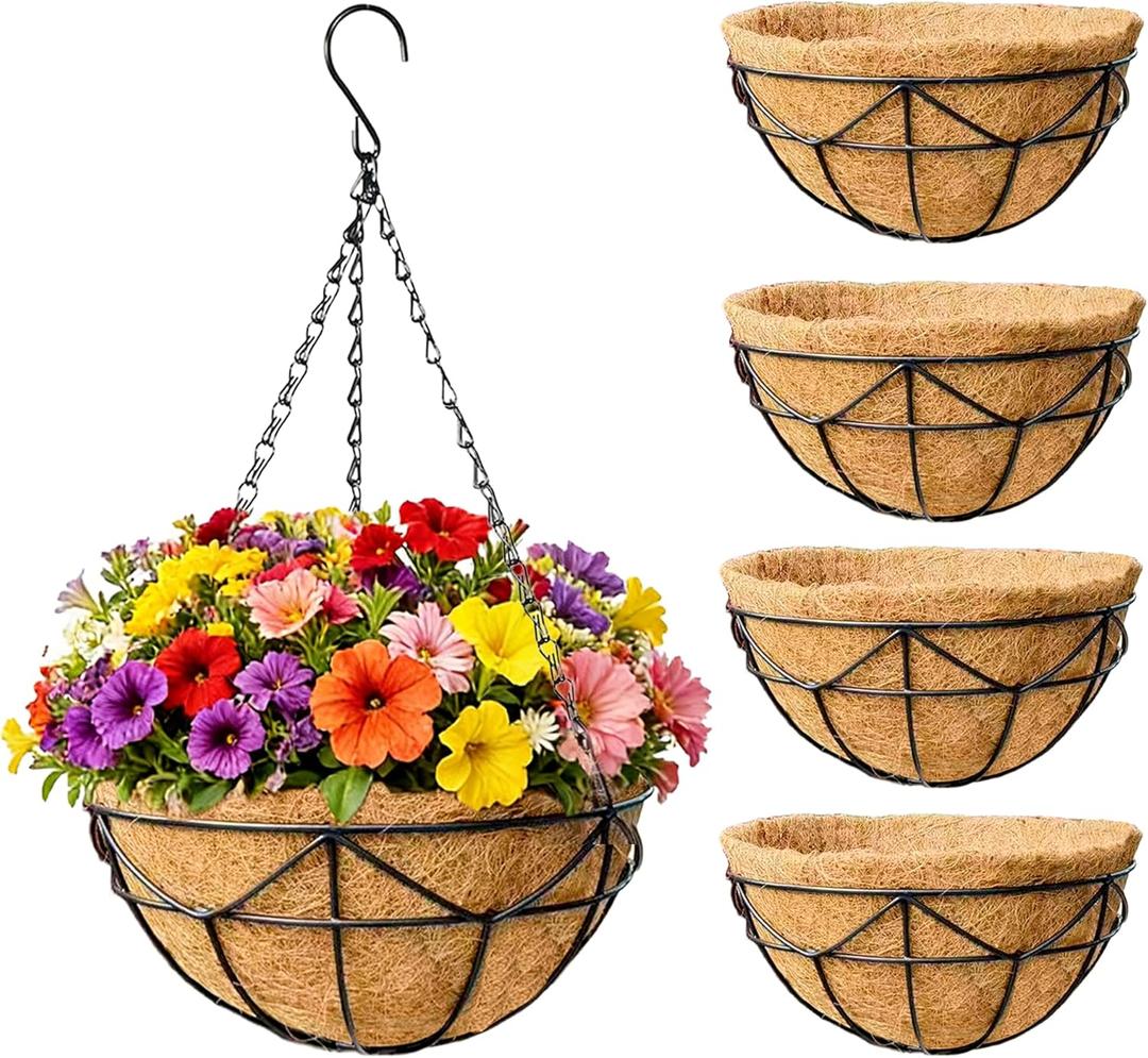 EIMQUVW 16 Inch Coconut Fiber Hanging Planter 4 Packs Durable Metal Hanging Baskets with Chains Outdoor Wire Pot for Spring and Summer Front Porch Garden Decoration