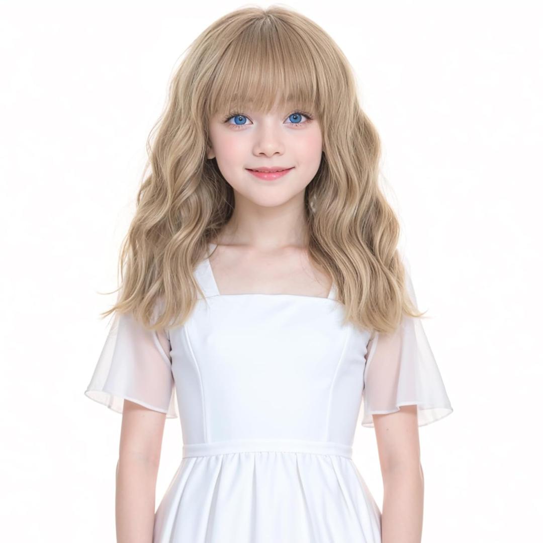 VERNA Kids Blonde Wig Kids Wig Blonde Kids Wig Child wig Blonde Wig for Girls Flaxen Blonde Kids Wig with Bangs Short Wavy Wig for Cosplay Halloween Party Costume(12 Inches, Flaxen Blonde)