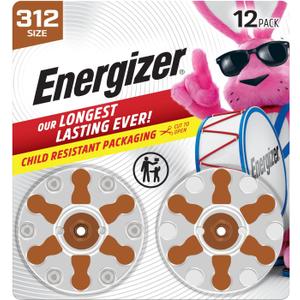 Energizer Hearing Aid Batteries Size 312, Brown Tab, 12 Pack