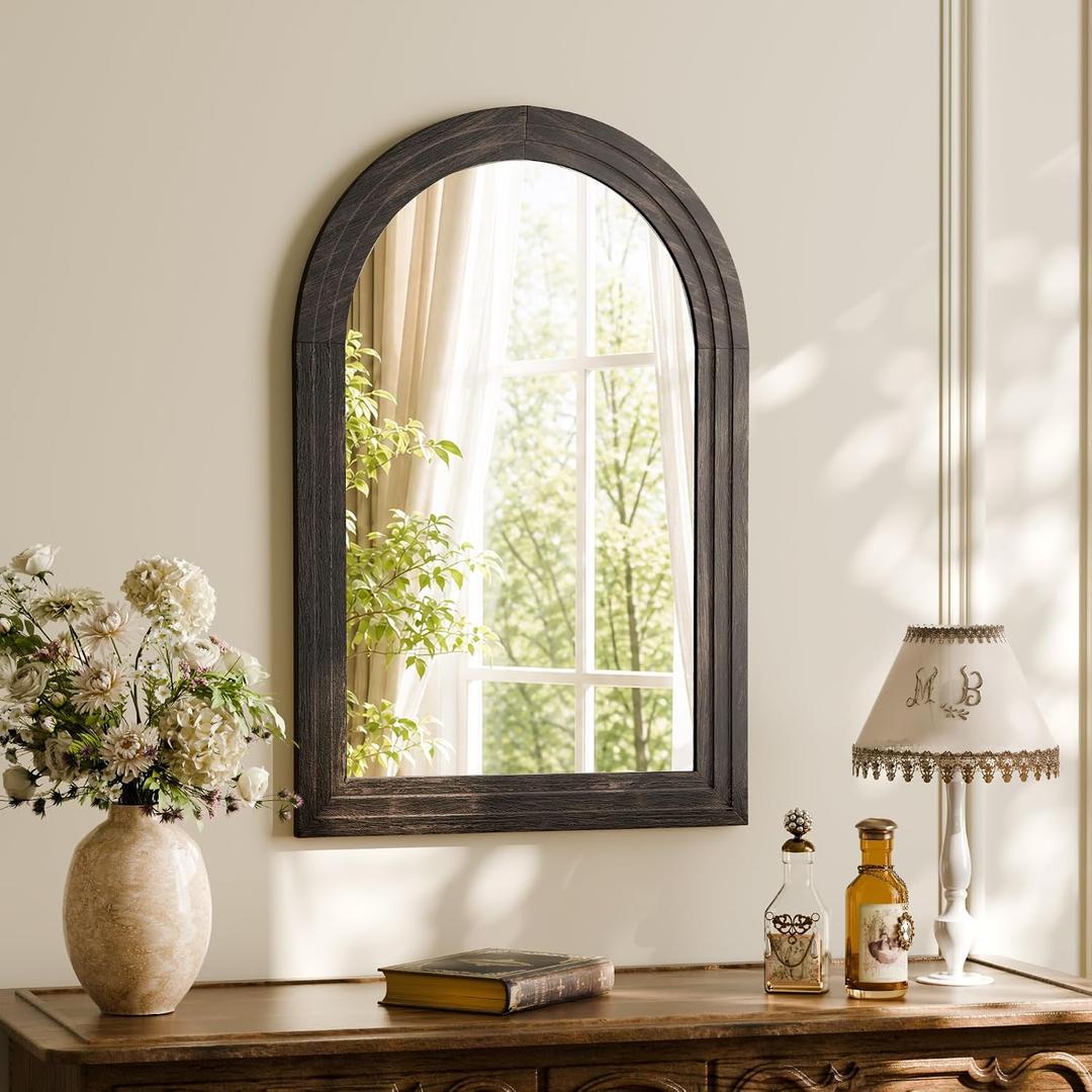 Arched Wall Mirror 24" x 36", Solid Wood Frame Bathroom Mirror, Walnut