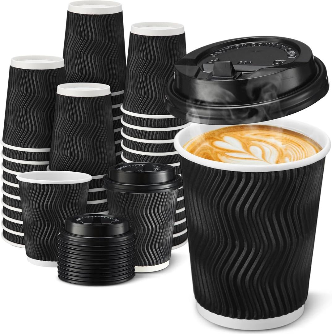 140 Set 8 oz Disposable Coffee Cups with Lid Insulated Corrugated Paper Hot Cup Bulk Ripple Wall Insulated Water Mug Suitable for Chocolate Cocoa, Juice, Drink (Wavy Pattern, Black)