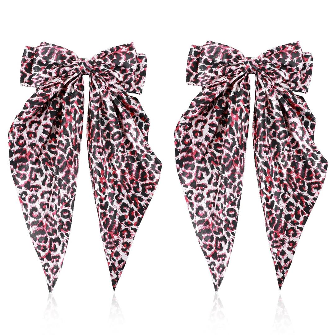2Pcs Leopard Print Hair Bow Clips, Long Tail Ribbon Satin Leopard Big Metal Hair Bow Barrettes Ponytail Styling Accessories for Women Girls, Red Cheetah Print