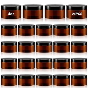 Dandat 24 Pcs 4 oz Plastic Jar Container with Lid and Label Refillable Empty Round Amber PET Cosmetic Sample Slime Containers for Lotion, Cream, Ointments, Body Butter, Makeup, Travel Storage